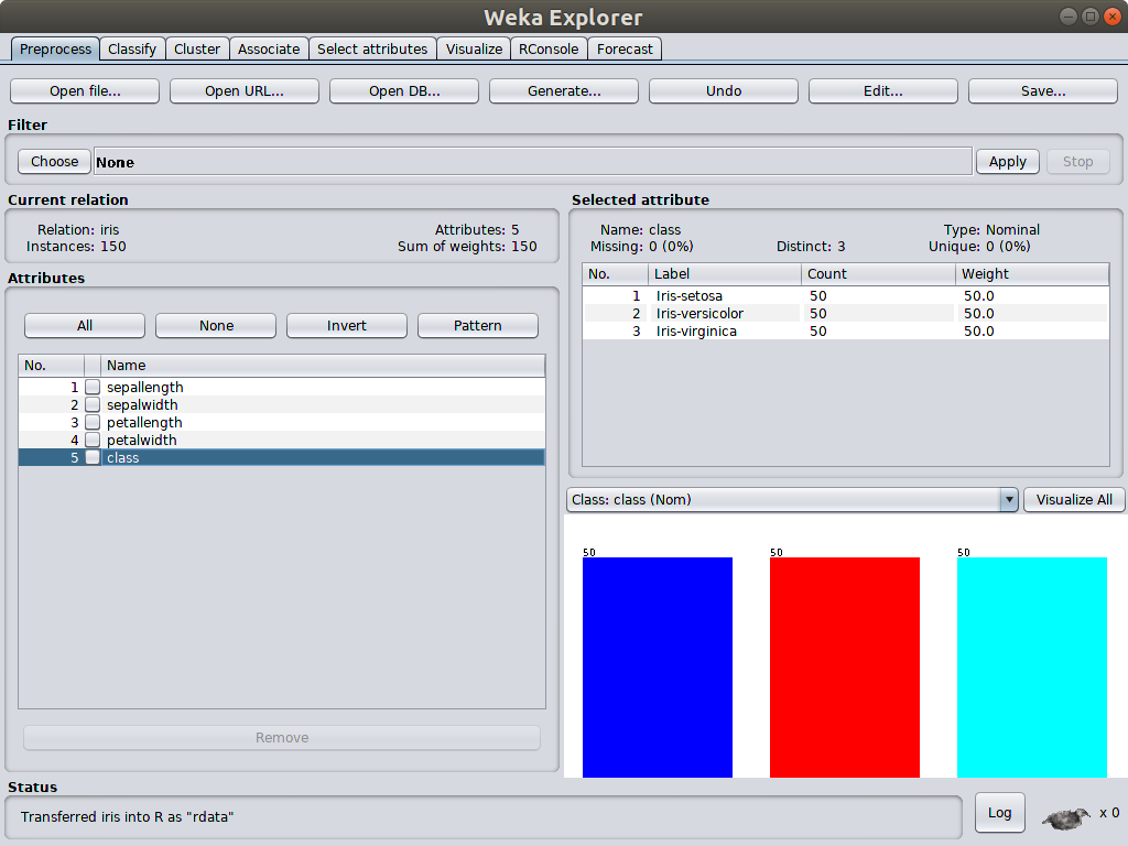 iris dataset screenshot 1 in Weka.