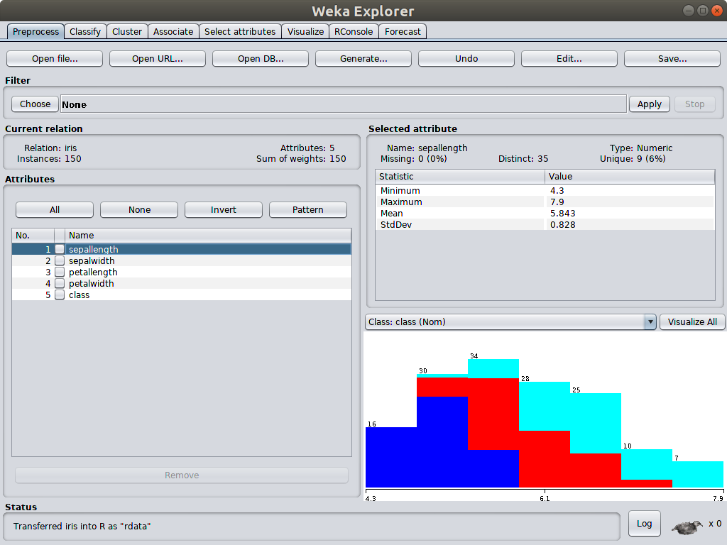 iris dataset screenshot 2 in Weka.